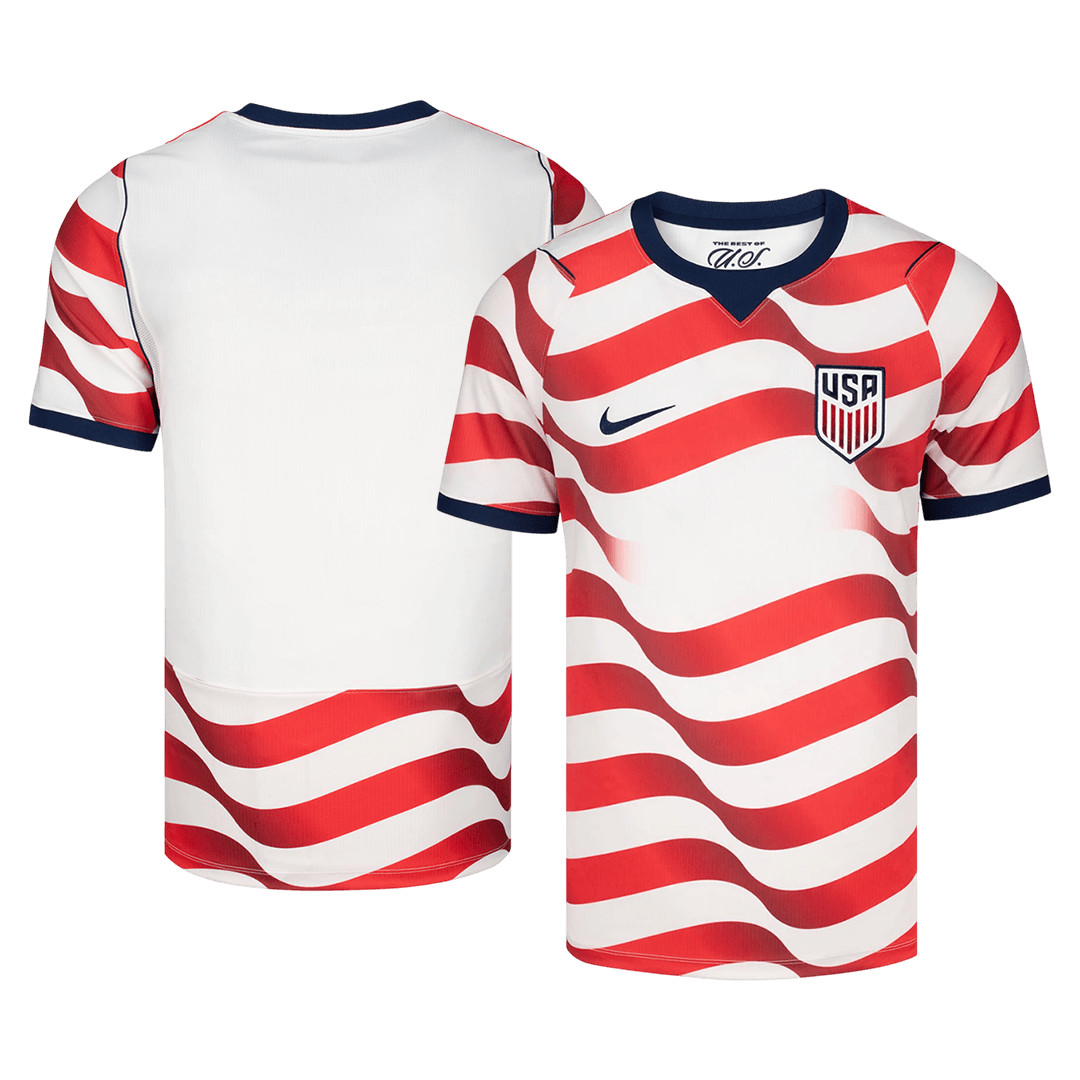 Men's USA World Cup 2026 Premium home soccer jersey front and back views with navy trim