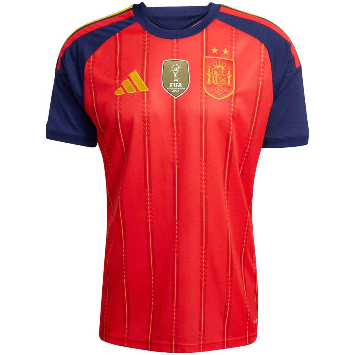 CAMPEONES #26 Men's Spain World Cup 2026 Home Jersey Premium back view showing a red body with dark navy sleeves, fine yellow vertical details, and a gold number 26 print