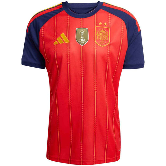 CAMPEONES #26 Men's Spain World Cup 2026 Home Jersey Premium back view showing a red body with dark navy sleeves, fine yellow vertical details, and a gold number 26 print