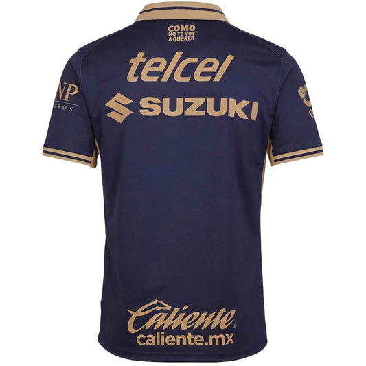 Pumas UNAM 2026/27 Home Soccer Jersey back view showing a dark navy base with gold trim and a large gold front graphic