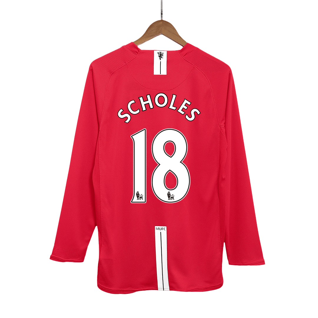 Retro SCHOLES #18 Men's Manchester United 2007/08 Home Long Sleeve Soccer Jersey