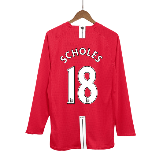 Retro SCHOLES #18 Men's Manchester United 2007/08 Home Long Sleeve Soccer Jersey