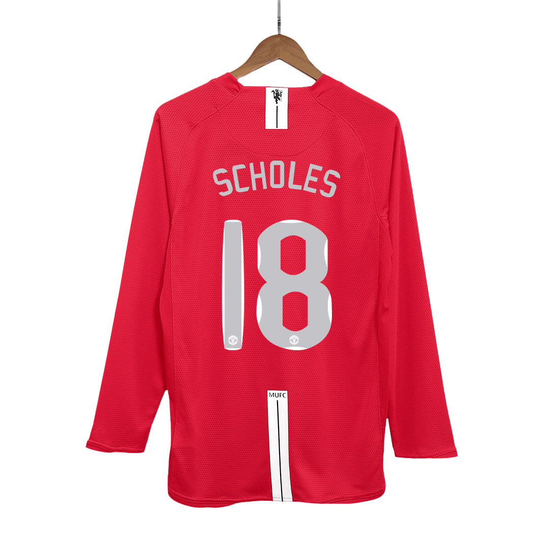 Retro SCHOLES #18 Men's Manchester United UCL Final 2007/08 Home Long Sleeve Soccer Jersey