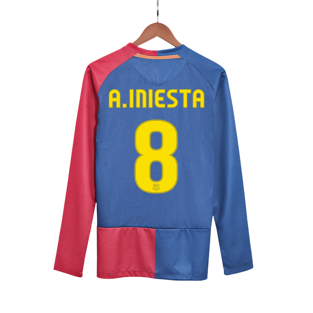 Retro A.INIESTA #8 Men's Barcelona UCL UCL Final 2008/09 Home Long Sleeve Soccer Jersey