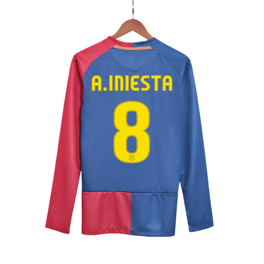 Retro A.INIESTA #8 Men's Barcelona UCL UCL Final 2008/09 Home Long Sleeve Soccer Jersey