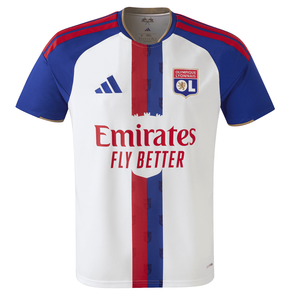 Olympique Lyonnais 2026/27 home soccer jersey front view with center stripes